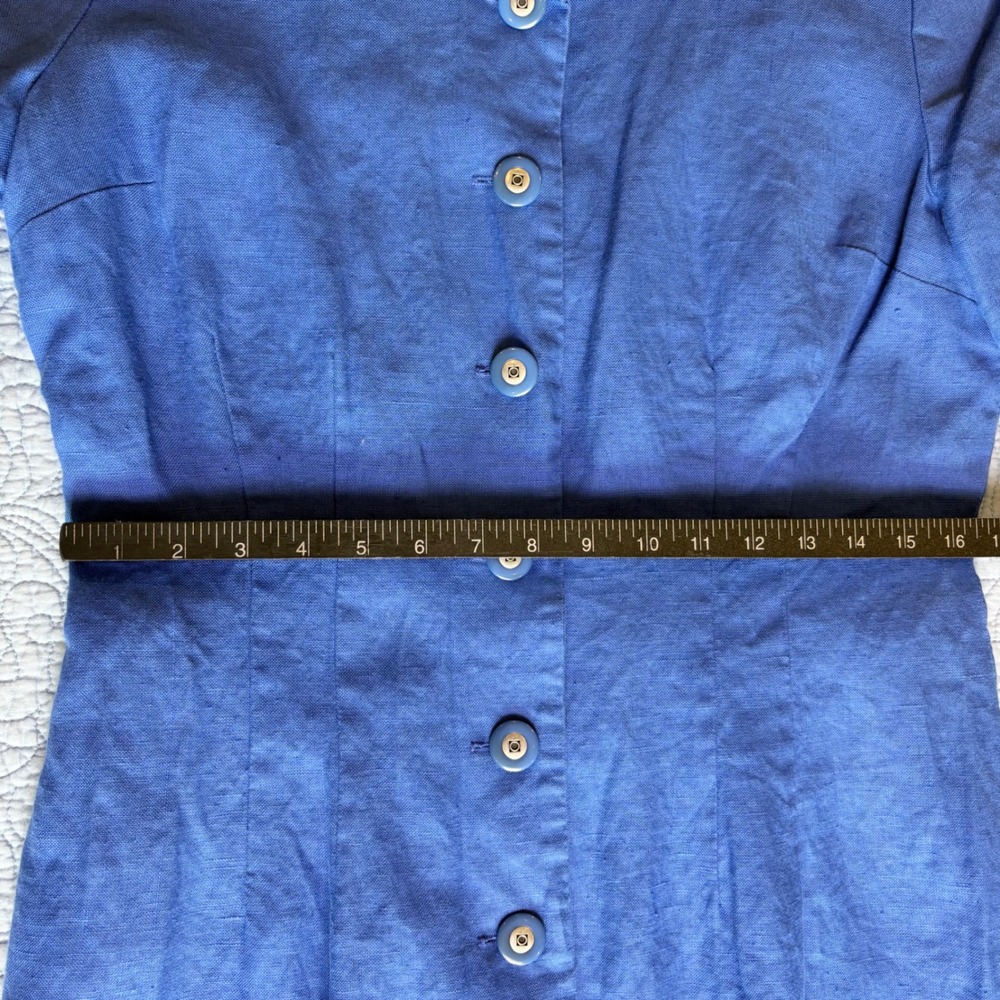 Vintage Althuser Blue 100% Linen Button Front Midi Dress Sheath Made in USA 14 - Picture 5 of 8